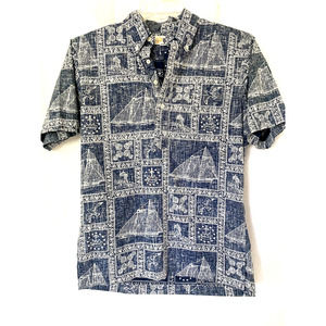 Reyn Spooner Shirt Half Button Short Sleeve Hawaiian Tropical Floral Blu…